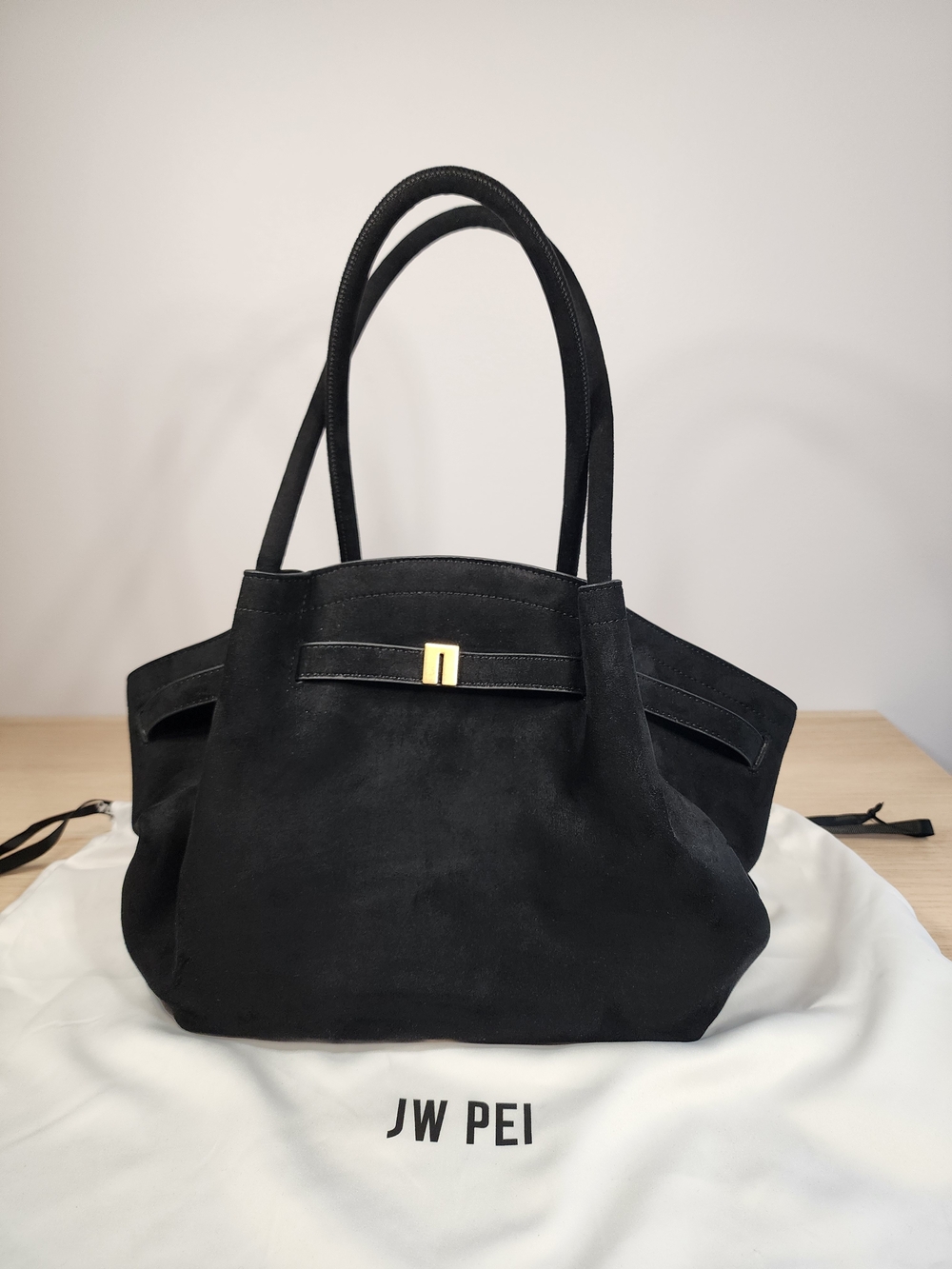 JW PEI Black Hana Medium Faux Suede Tote Bag Gold Hardware With Dust Bag Classic